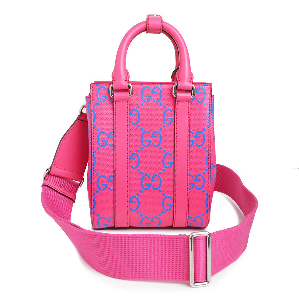 Gucci Tote Shoulder Handbag Crossbody Bag GG Embossed Leather Pink Blue